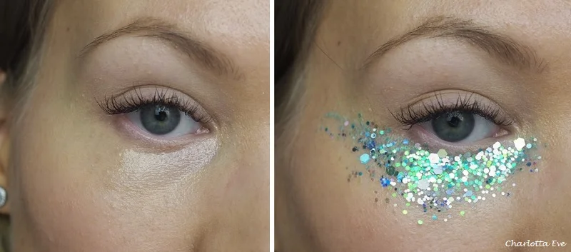 hopeaa ja turkoosia glitteriä silmien alla