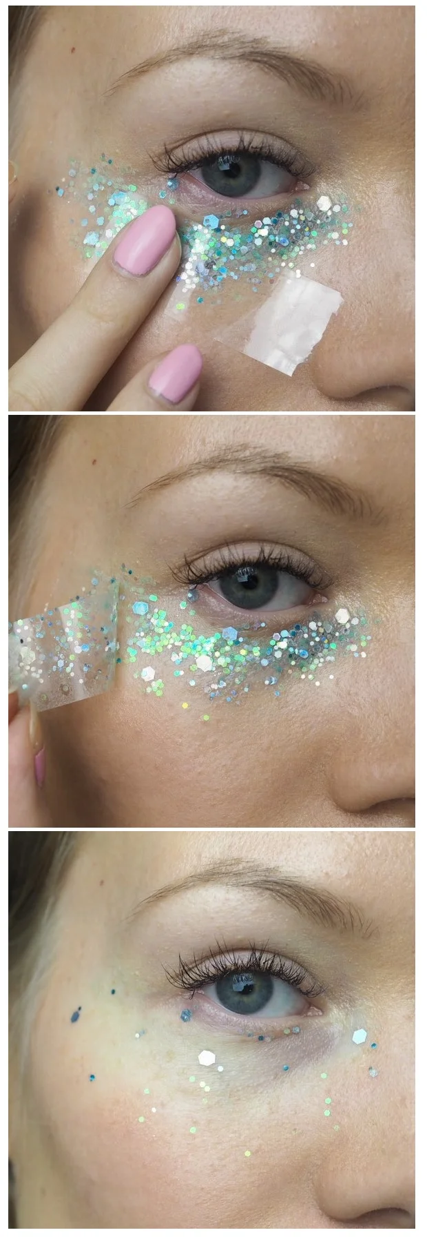 glittermeikin poistaminen teipillä ennen puhdistusta