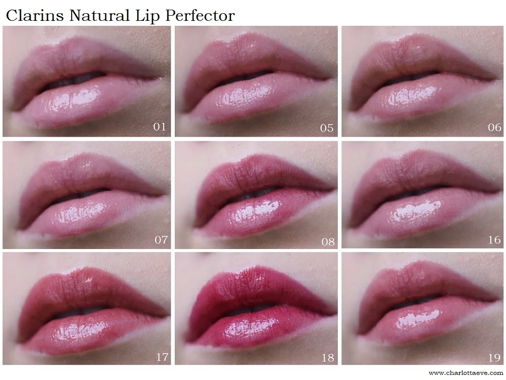 Clarins Natural Lip Perfector -sävyt 01, 05, 06, 07, 08, 16, 17, 18 ja 19 huulilla