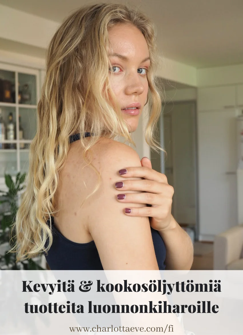 Pinterest-kuva: kevyitä kookosöljyttömiä tuotteita luonnonkiharalle hiukselle