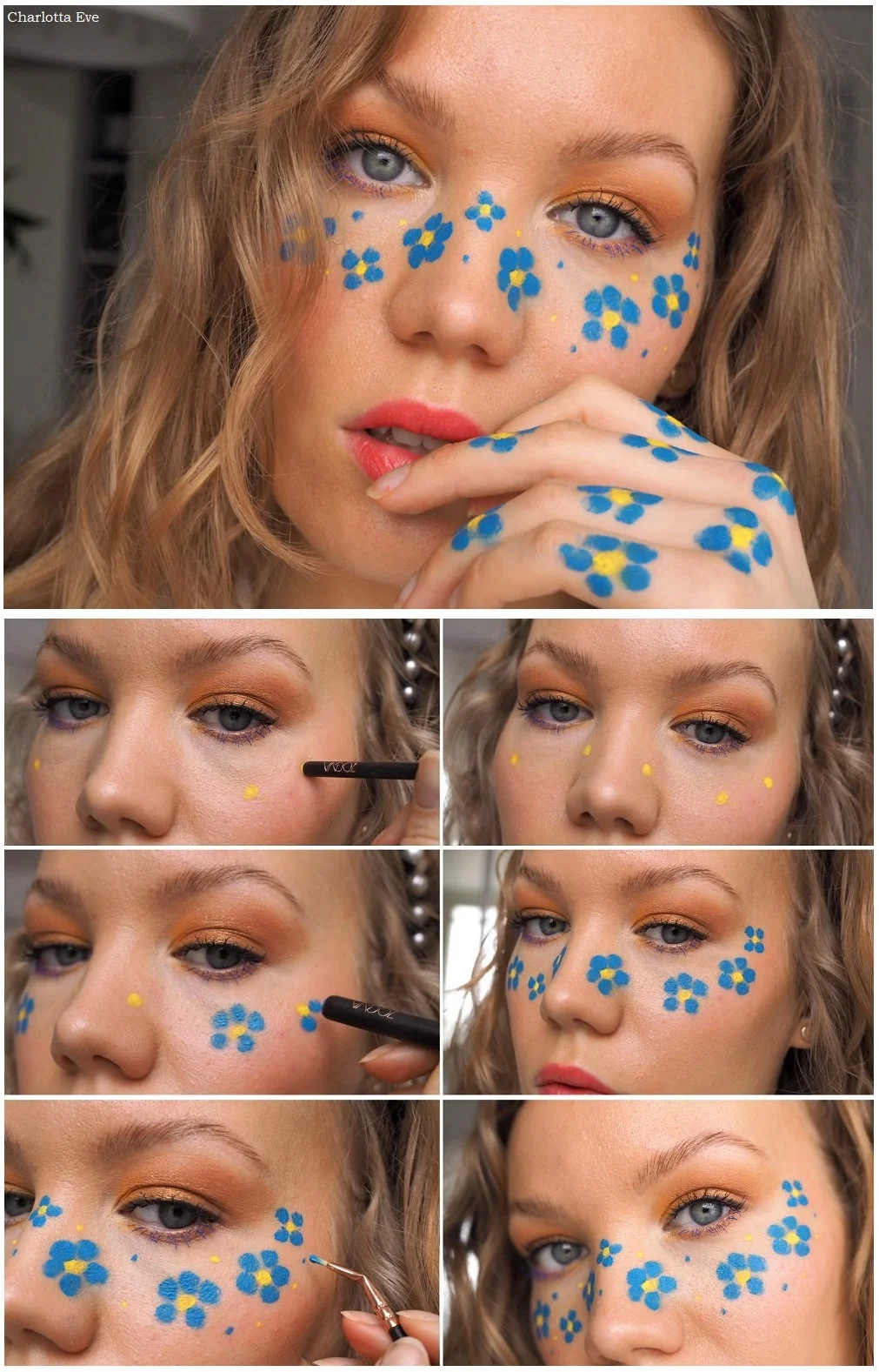 blue flower freckels makeup tutorial