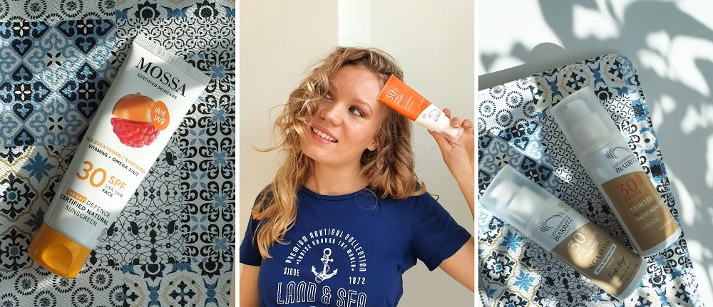 Four natural face sunscreens laid out for comparison