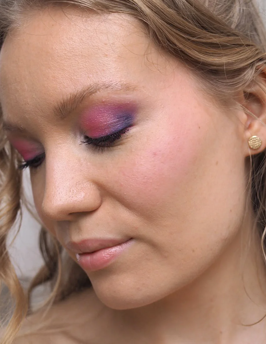 glowy skin purple eye makeup